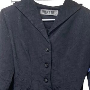 Vicky Tiel Blazer Skirt Suit Set Black Textured Career Business Women's